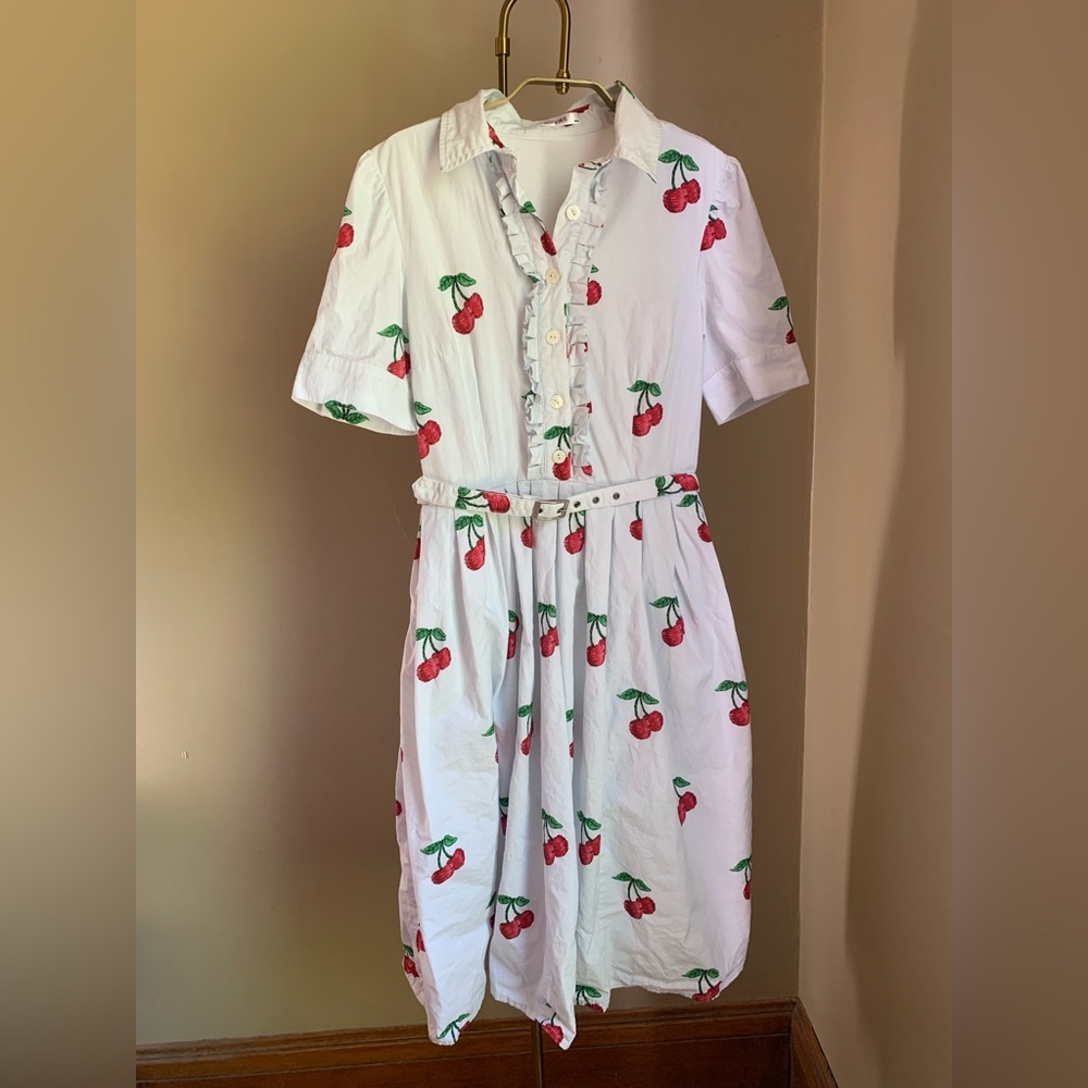eShakti White Cherry Print Midi Dress